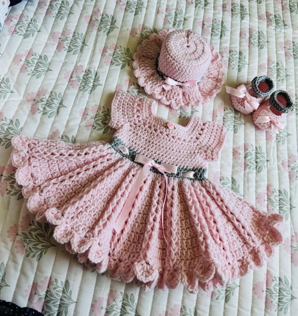 Hand crochet baby dress set with a hat and shoes