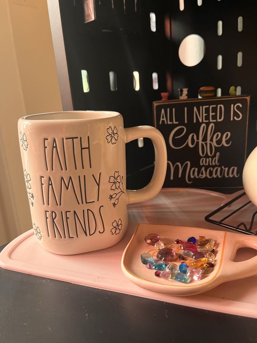 Rae Dunn Faith Family Friends Ceramic Coffee Mug Floral Accent White