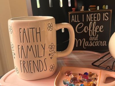 Rae Dunn Faith Family Friends Ceramic Coffee Mug Floral Accent White