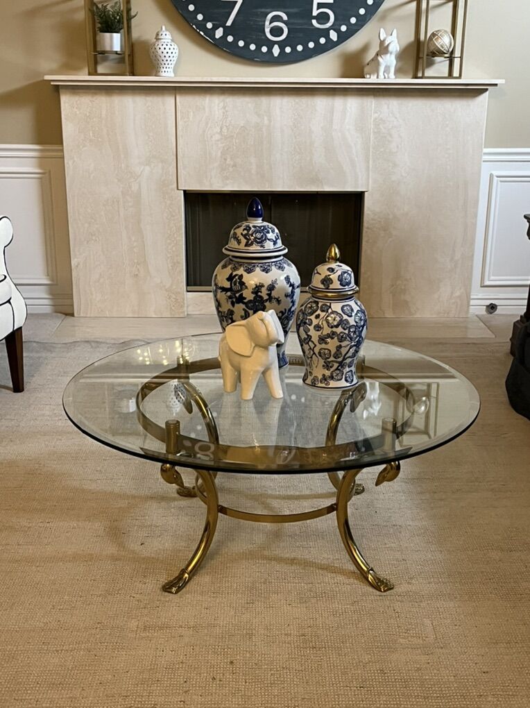 Hollywood Regency Brass Swan Foot Coffee Table Ita