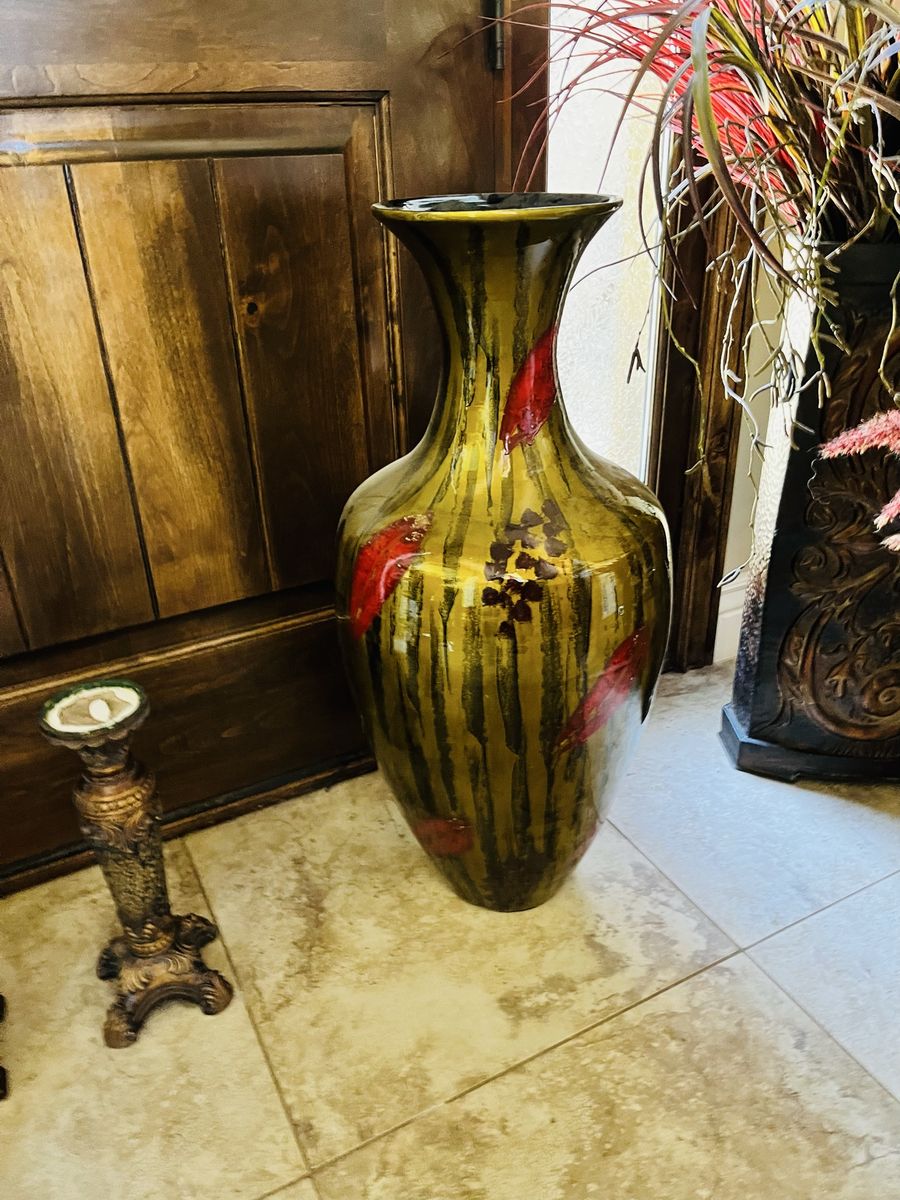 Large Gold & Red Decorative Floor Vase - Modern Abstract Design Home Decor
