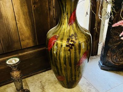 Large Gold & Red Decorative Floor Vase - Modern Abstract Design Home Decor