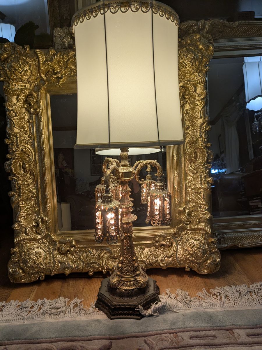 38" Loevsky & Loevsky Antique Hollywood Regency Brass and Crystal lamp. Exquisite Luxury lamp.