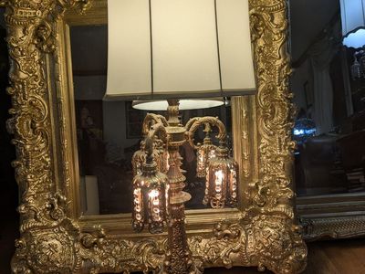 38" Loevsky & Loevsky Antique Hollywood Regency Brass and Crystal lamp. Exquisite Luxury lamp.