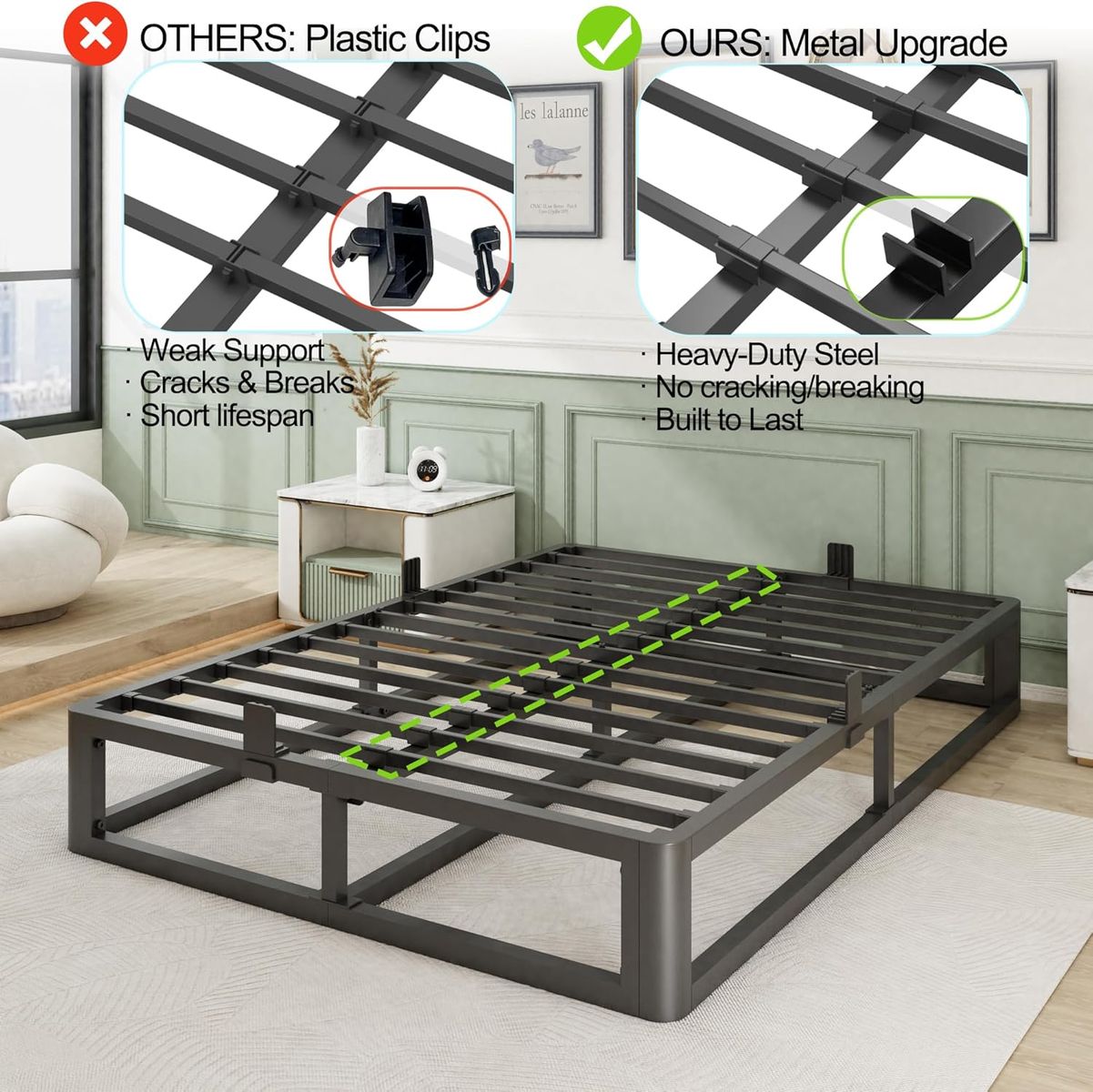10" King Size Bed Frame, metal, heavy duty 3500 pounds, no box spring needed