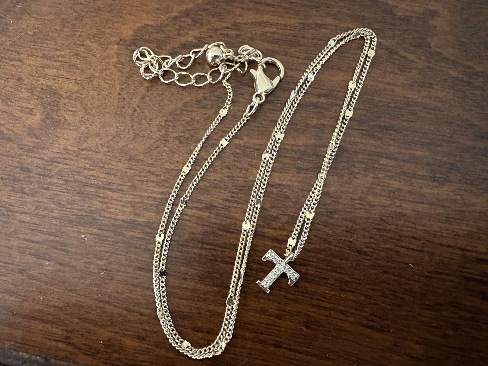 New Gold Tone Necklace w/ Rhinestone Letter D or T