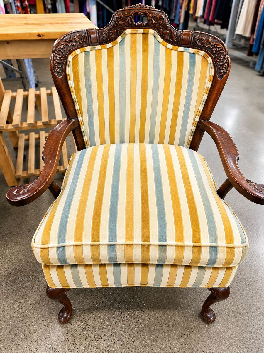 Vintage Striped Velvet Armchair with Carved Wood Frame