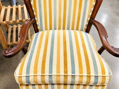 Vintage Striped Velvet Armchair with Carved Wood Frame