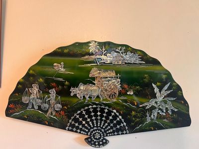 Vintage Vietnamese Mother-of-Pearl Lacquer Fan Wall Art (23" x 13.5")
