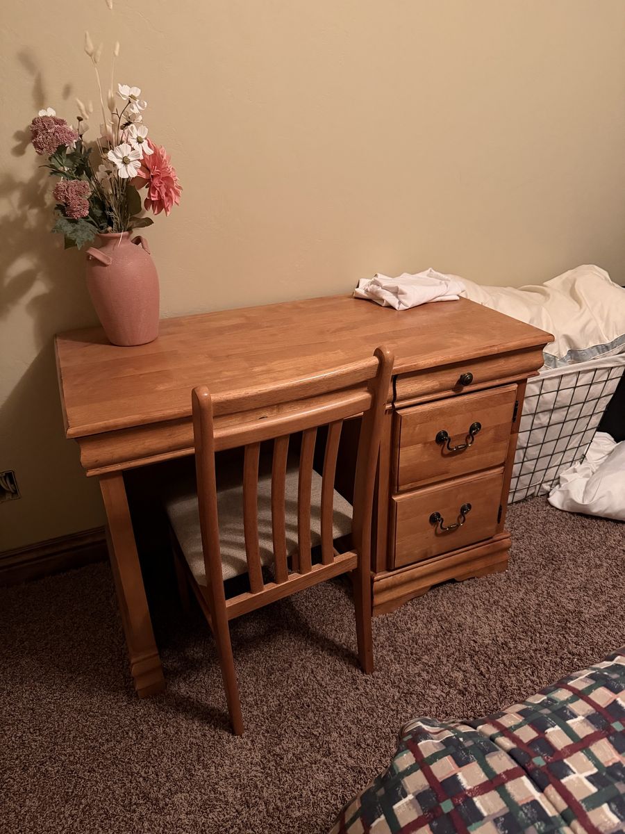 Wooden Writing Desk with Drawers and Matching Chair Set