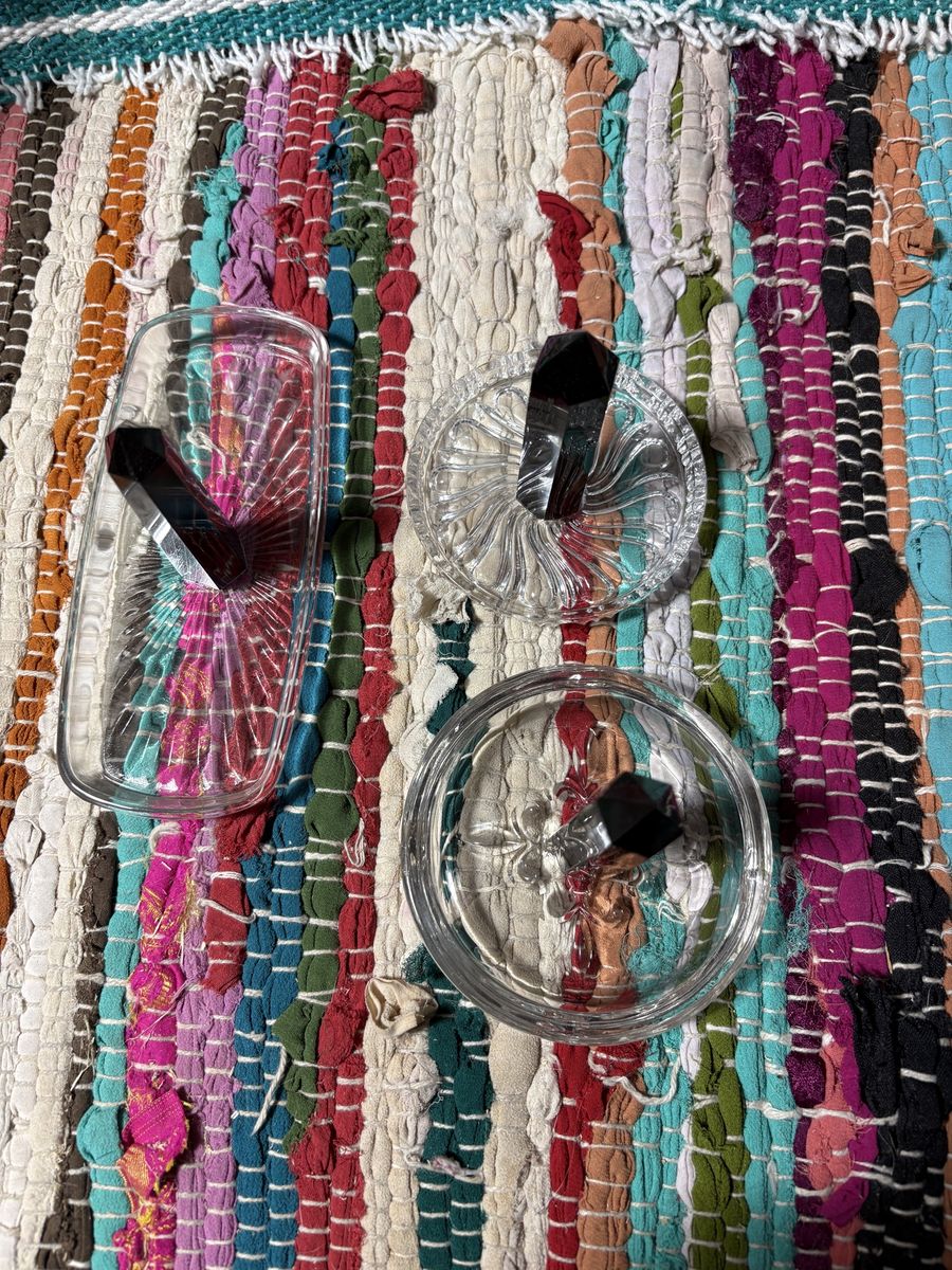 Vintage Clear Cut Glass Crystal Dishes with Black Crystal Tower Accents Set