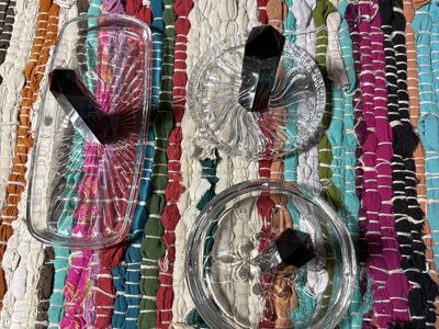Vintage Clear Cut Glass Crystal Dishes with Black Crystal Tower Accents Set