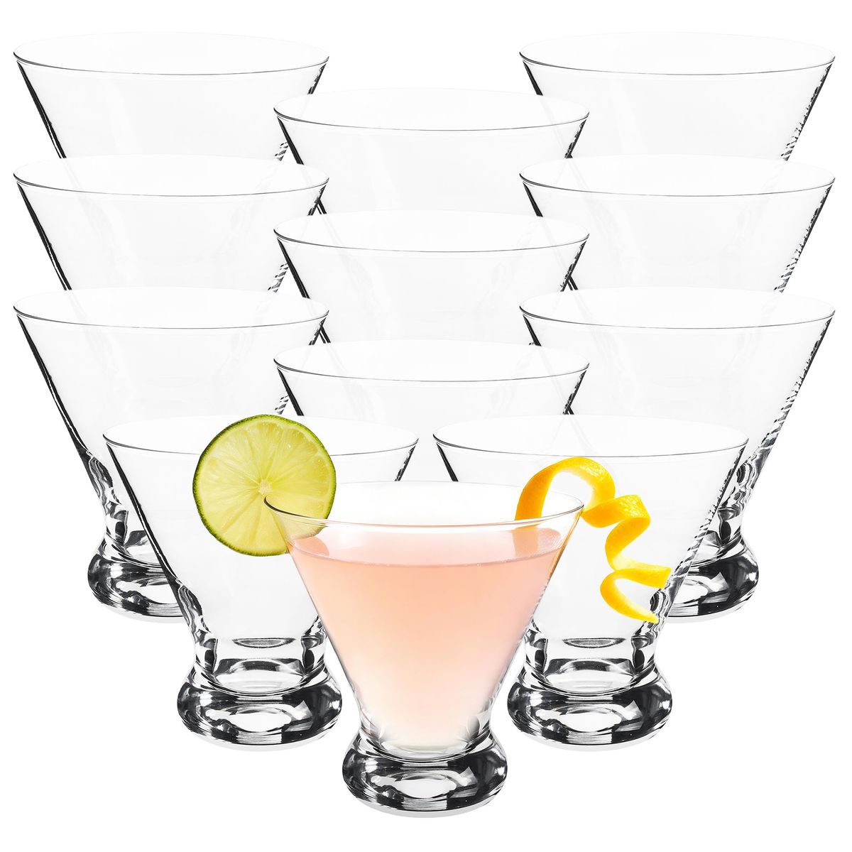 QOWOEO Stemless Martini Glasses Set of 12, 10 Oz Heavy Base Wine Cup Clear