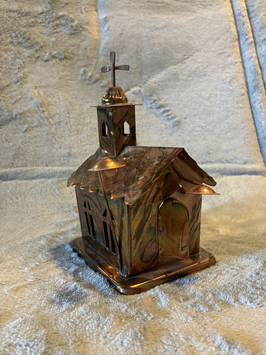 Vintage Handcrafted Metal Copper Church Figurine Tealight Candle Holder- music box