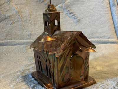 Vintage Handcrafted Metal Copper Church Figurine Tealight Candle Holder- music box