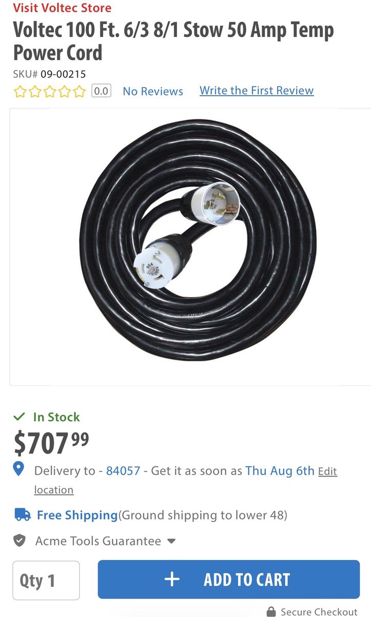 Voltec 100 Ft 6/3 8/1 STOW 50 Amp Temporary Power Cord 09-00215