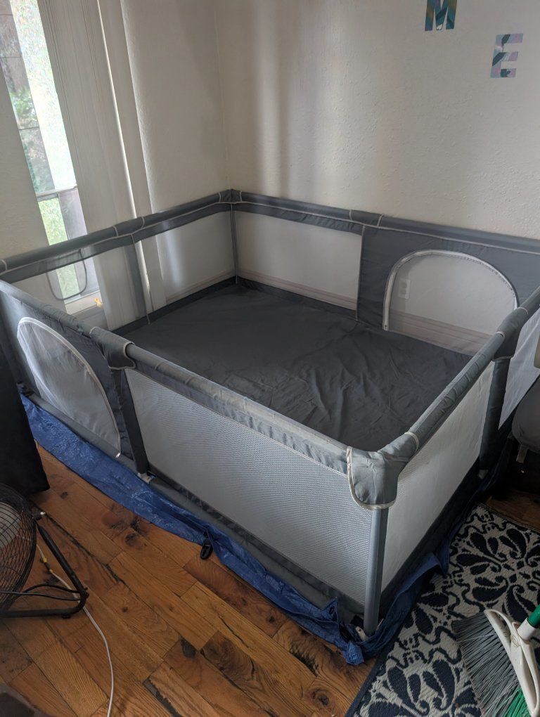 Large Gray Baby Playpen with Mesh Sides - Safe & Spacious Playard for Infants & Toddlers