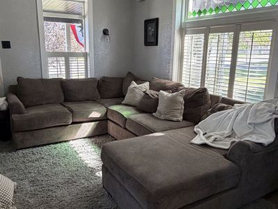 Large Brown Sectional Couch with Chaise Lounge - Minor Arm Damage, Still Solid
