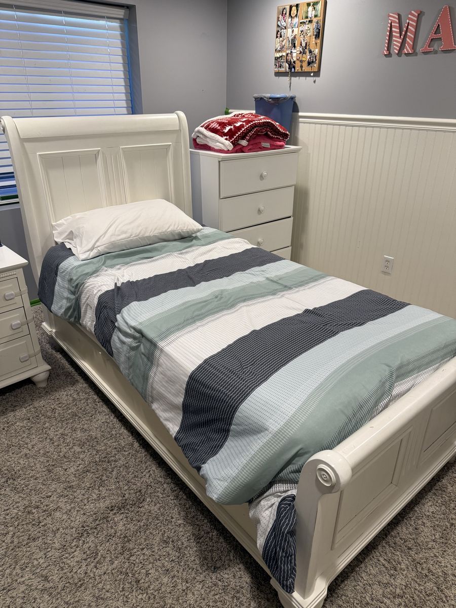 White Twin Sleigh Bed Frame + Nightstand