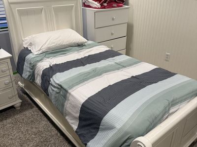 White Twin Sleigh Bed Frame + Nightstand