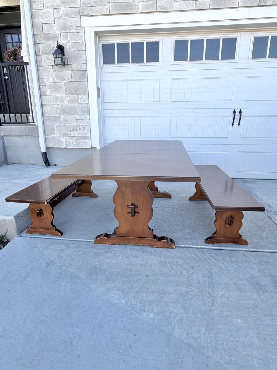Antique wood dining table and benches