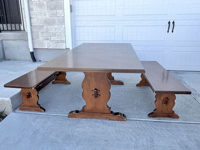 Antique wood dining table and benches