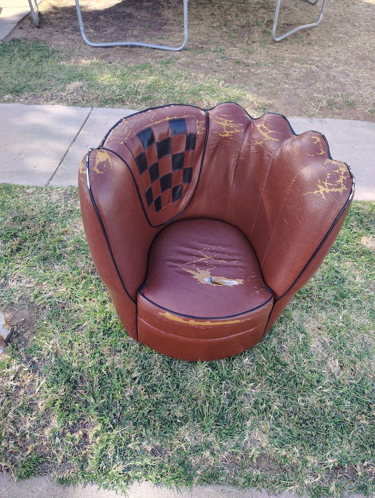 Vintage Baseball Glove Chair Brown Vinyl Checkered Accent Novelty Armchair