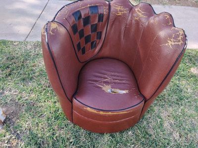 Vintage Baseball Glove Chair Brown Vinyl Checkered Accent Novelty Armchair