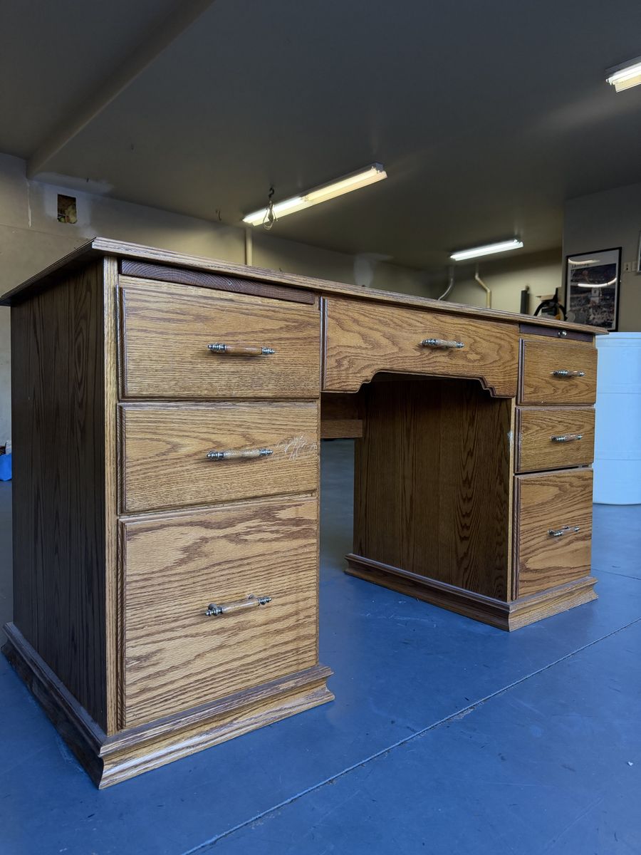 Solid Wood Vintage Desk with 6 Drawers & Pull-Out Writing Surfaces