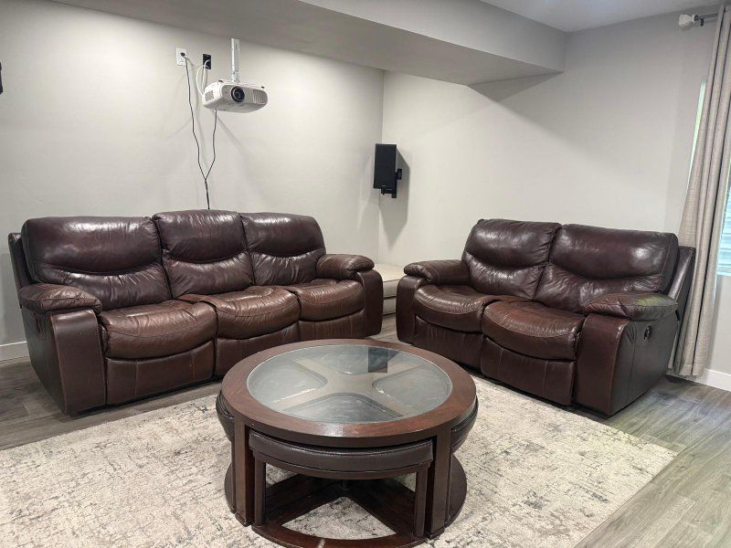 Brown Leather Reclining Sofa and Loveseat Set - Comfortable Living Room Seating + Center Table
