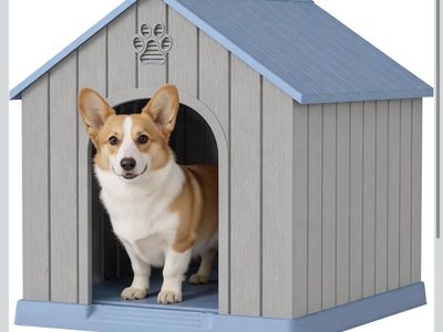 New Weatherproof Plastic Outdoor Dog House - Hidden Vents, Drainage, Ground Nails - Medium/Large Pet Shelter