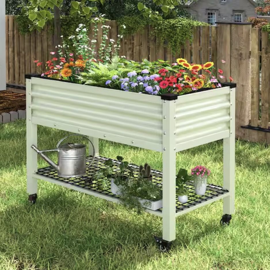 VEIKOUS 48 in. L x 25 in. W x 34 in. H Light Green Galvanized Steel Raised Garden Bed w/ Lockable Wheels, Liner and Drainage