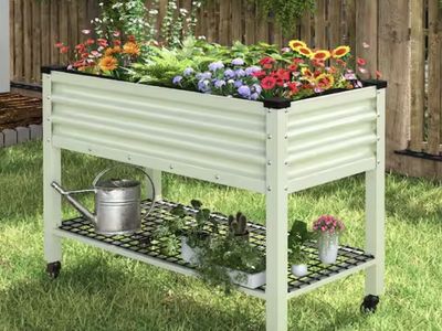 VEIKOUS 48 in. L x 25 in. W x 34 in. H Light Green Galvanized Steel Raised Garden Bed w/ Lockable Wheels, Liner and Drainage