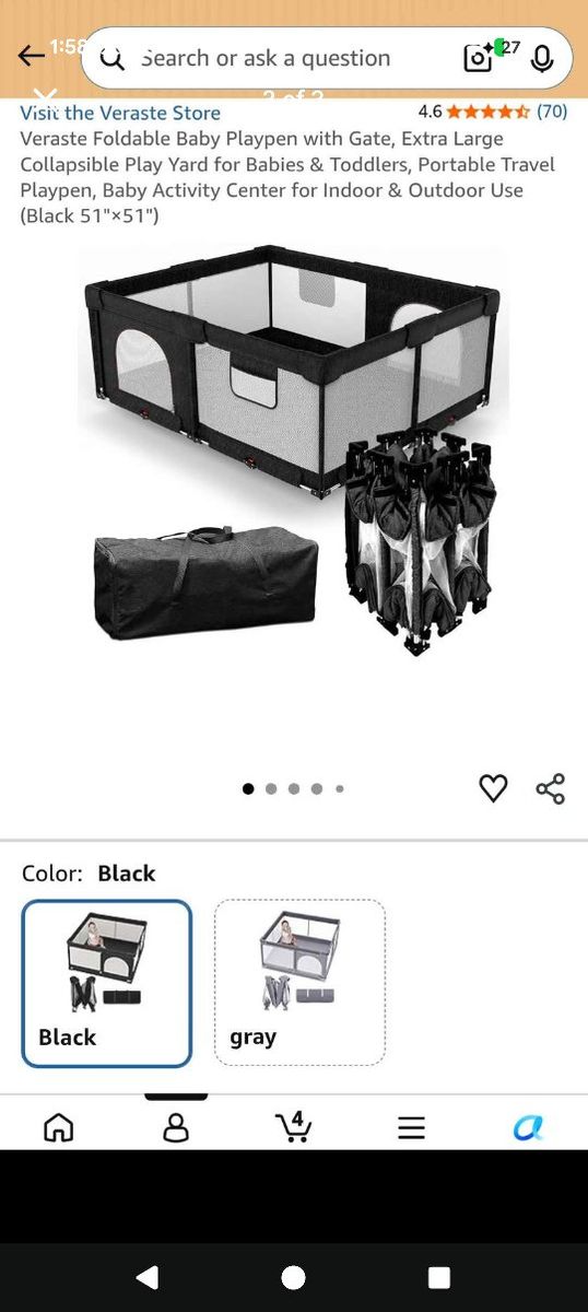 Veraste Foldable Baby Playpen 51"x51" Portable Play Yard Black