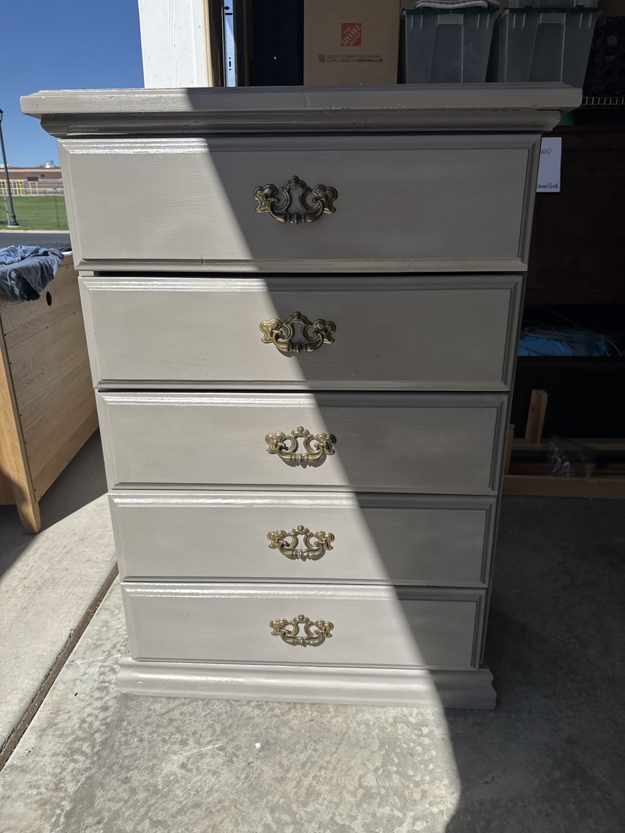 Grey Painted 5-Drawer Dresser with Ornate Brass Pulls