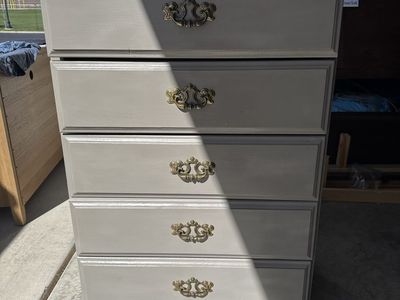Grey Painted 5-Drawer Dresser with Ornate Brass Pulls