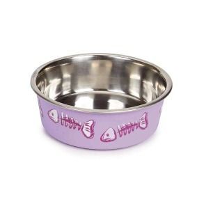 Set of 2 4.5" Stainless Steel Pet Food/Water Bowls, Spill Proof, Purple Skeleton