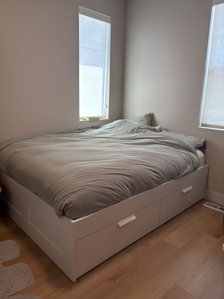 White Storage Queen Bed Frame with Built-In Drawers