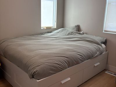 White Storage Queen Bed Frame with Built-In Drawers