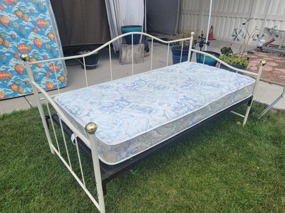 White Metal Daybed Frame with Mattress and Brass Accents