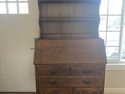 Vintage Wooden Drop-Front Secretary Desk with Hutch