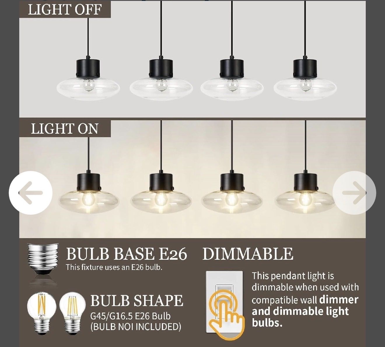 Dimmable 4-Light Kitchen Island Pendant Light Fixture, E26 Base, Matte Black & Clear Glass