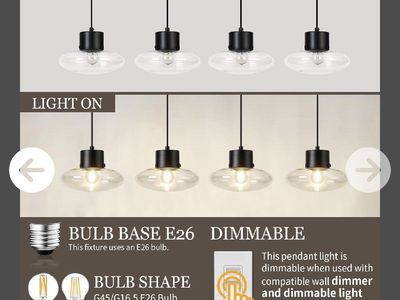 Dimmable 4-Light Kitchen Island Pendant Light Fixture, E26 Base, Matte Black & Clear Glass