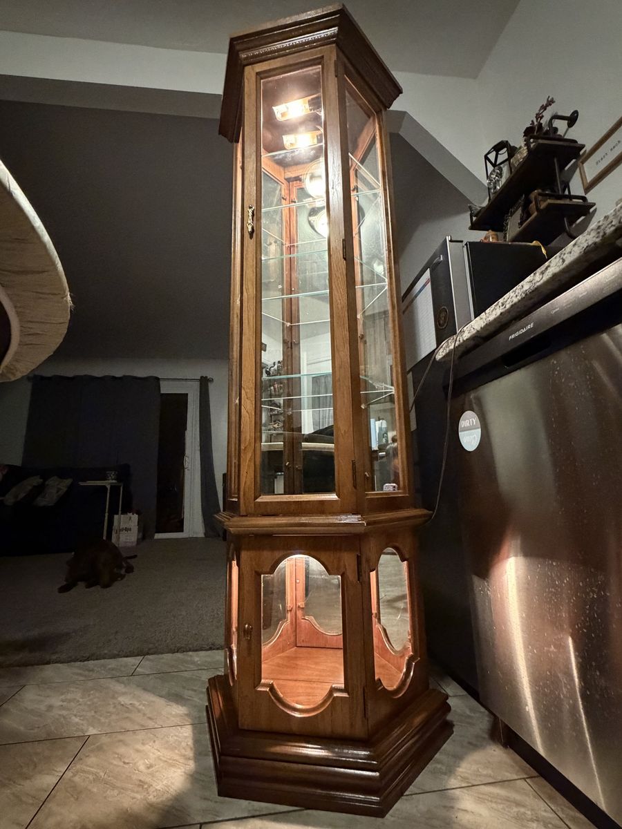 Wooden Corner Curio Cabinet with Glass Shelves and Internal Lighting