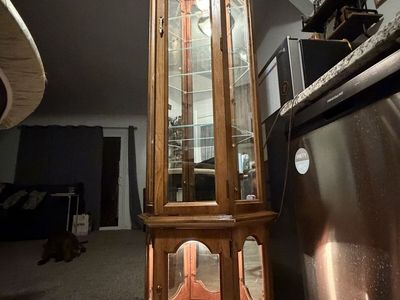 Wooden Corner Curio Cabinet with Glass Shelves and Internal Lighting