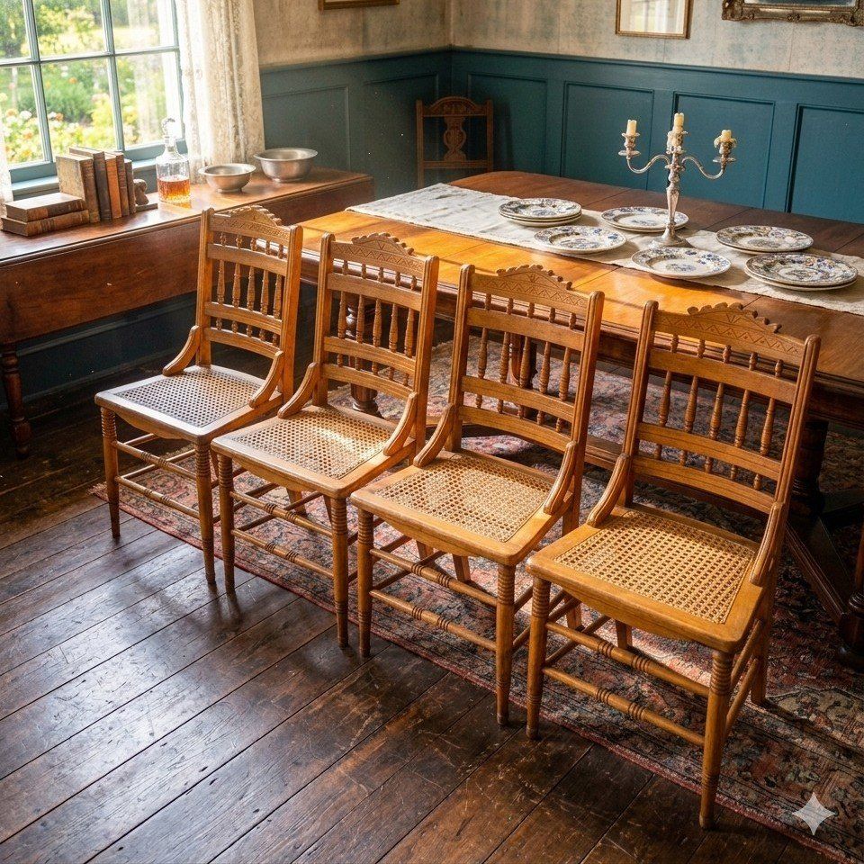 Set of 4 Antique Wood Chairs with Cane Seats