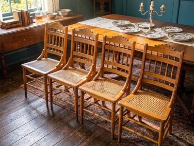 Set of 4 Antique Wood Chairs with Cane Seats