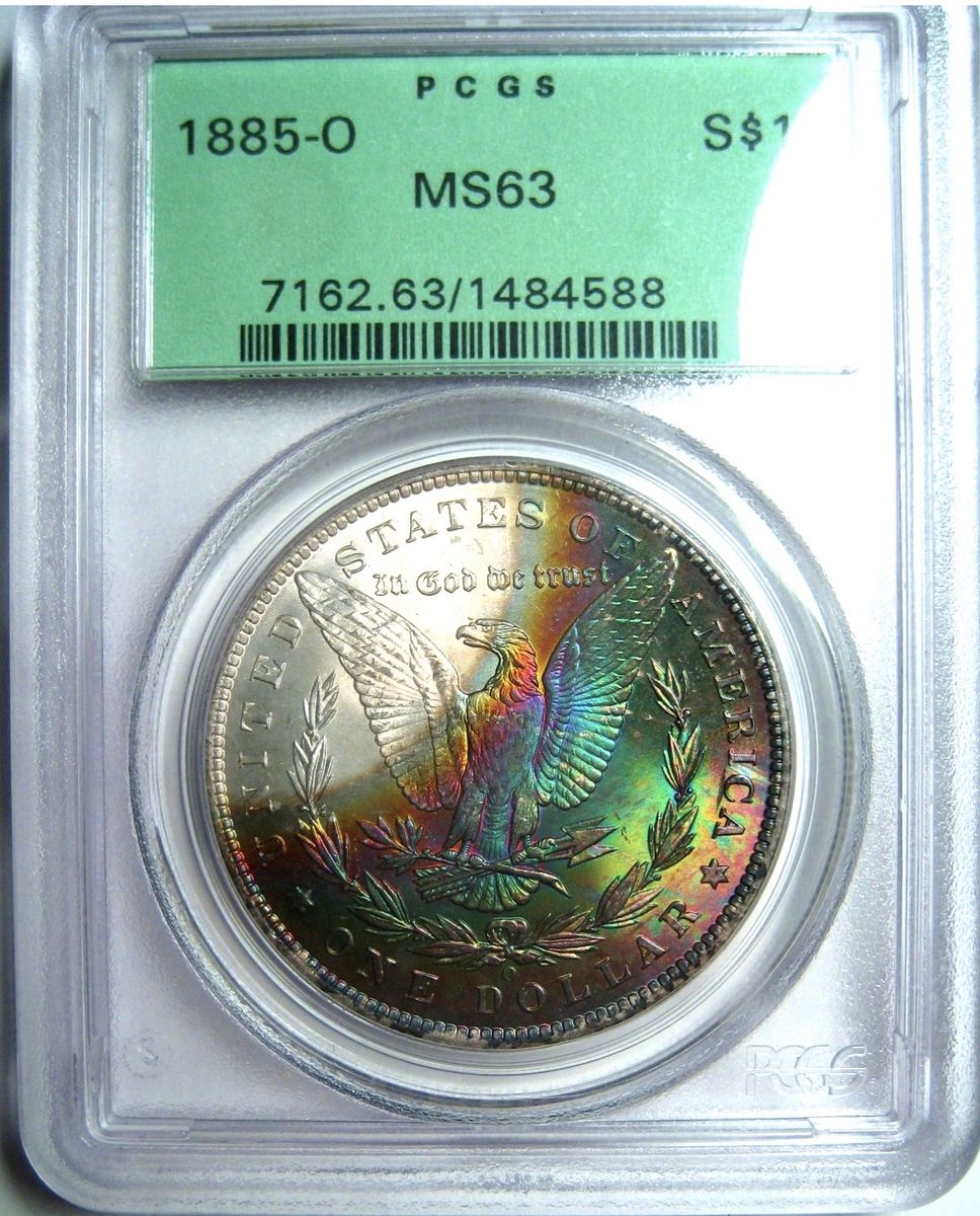 1885-O RAINBOW TONED MORGAN DOLLAR PCGSMS63 OGH PCGS