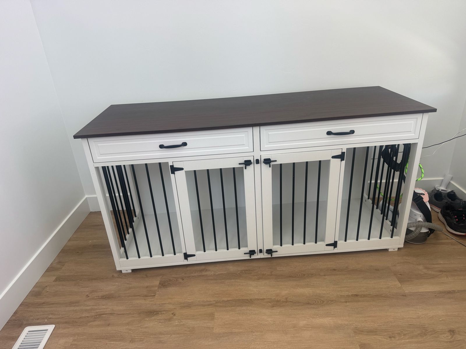 Wooden Dog Crate Furniture with Double Doors and Drawers - White & Brown