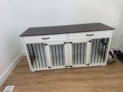 Wooden Dog Crate Furniture with Double Doors and Drawers - White & Brown